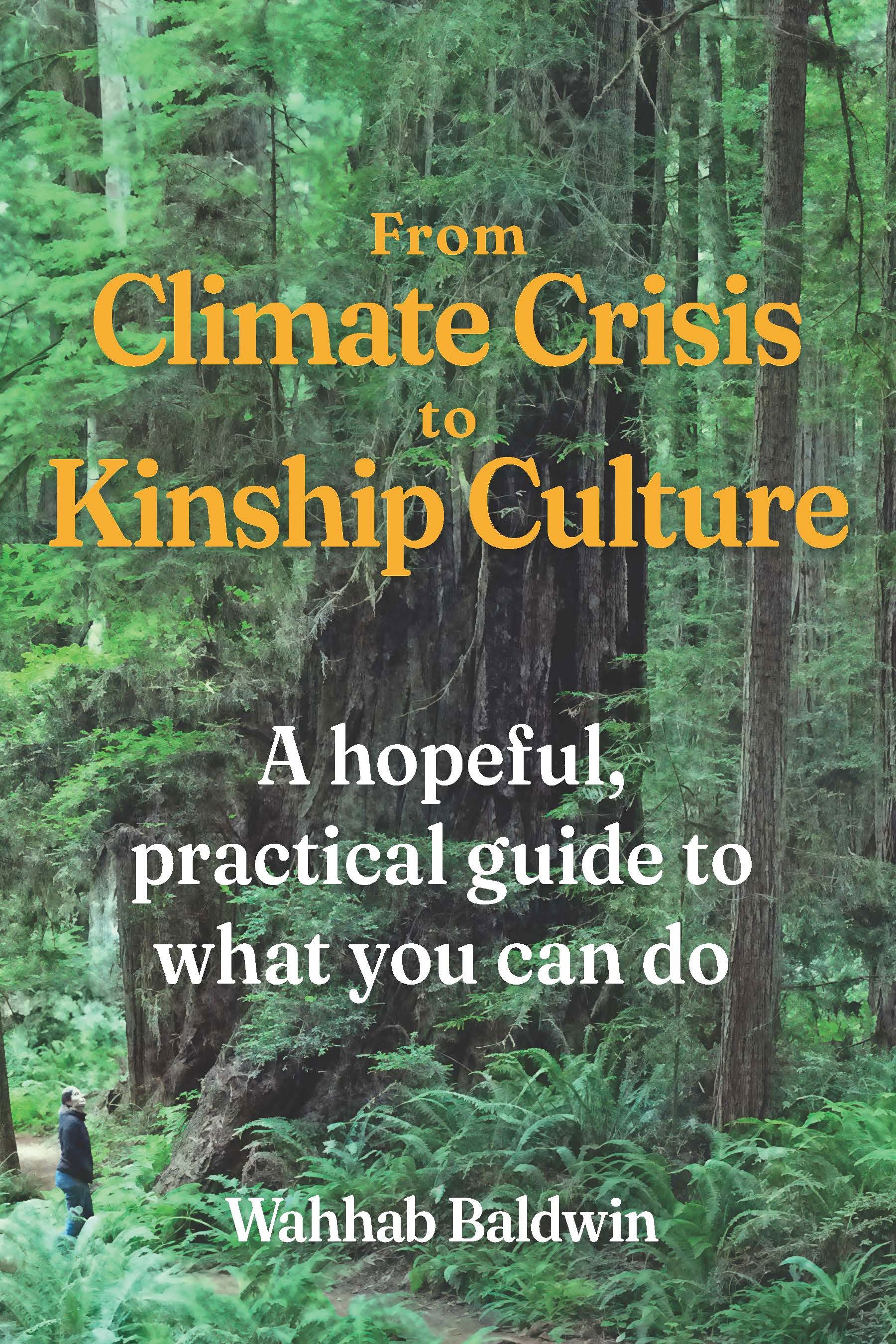 Book cover: towering old-growth forest with a small figure gazing up, titled “From Climate Crisis to Kinship Culture” by Wahhab Baldwin.